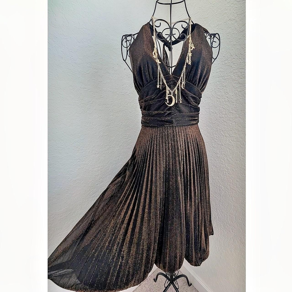 Vintage Cache Metallic Bronze Backless Pleated Ha… - image 1